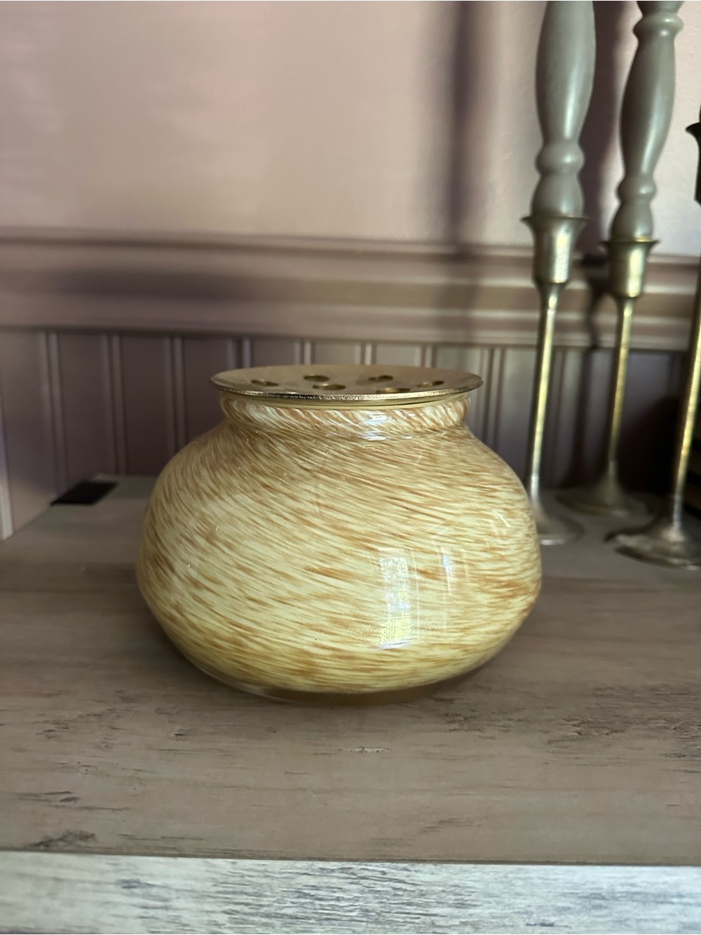 Anthropologie Cream and Tan Swirled Glass Vase with Brass flower stem Top